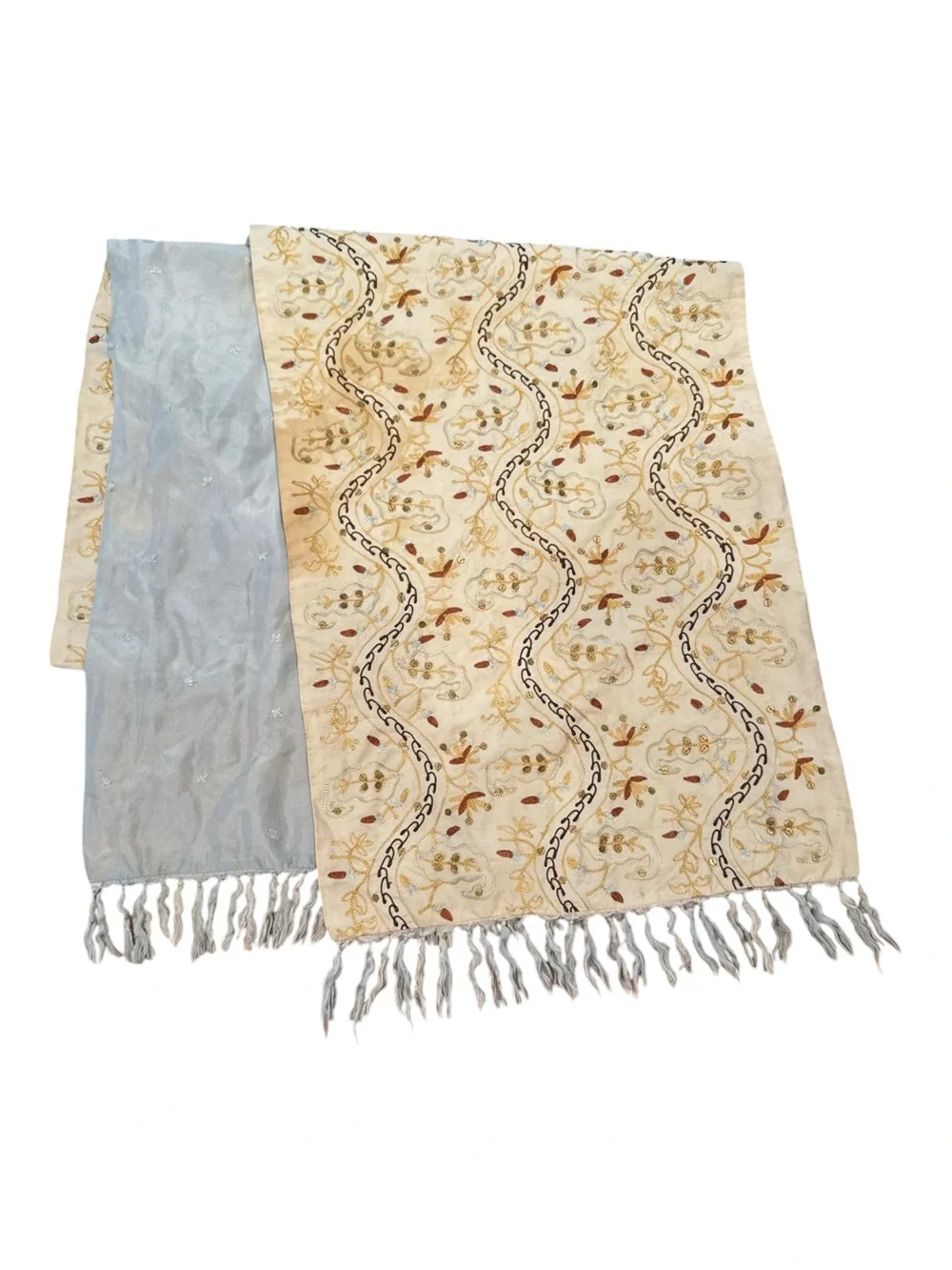 Vintage Banana Republic Embroidered Sequin Fringe Table Runner Cream Multi